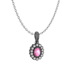Pembe kuvars ve pırlanta 925 ayar siyah rodyum kaplama gümüş kolye (0.154 karat, 40 cm beyaz altın rolo zincir)