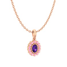 Rayiha Kolye - Ametist ve pembe kuvars 8 ayar rose altın kolye (40 cm rose altın rolo zincir) #7f75a9