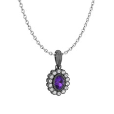 Rayiha Kolye - Ametist ve swarovski 925 ayar siyah rodyum kaplama gümüş kolye (40 cm beyaz altın rolo zincir) #7mipct