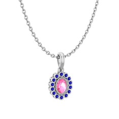 Pembe kuvars ve lab safir 925 ayar gümüş kolye (40 cm beyaz altın rolo zincir)