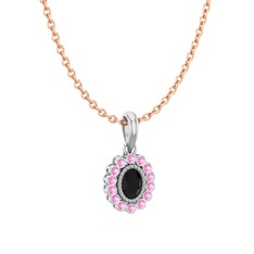 Siyah zirkon ve pembe kuvars 14 ayar beyaz altın kolye (40 cm rose altın rolo zincir)