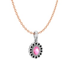 Rayiha Kolye - Pembe kuvars ve siyah zirkon 8 ayar beyaz altın kolye (40 cm rose altın rolo zincir) #co79hb
