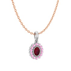 Kök yakut ve pembe kuvars 14 ayar beyaz altın kolye (40 cm rose altın rolo zincir)