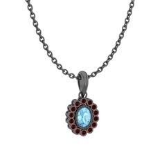 Rayiha Kolye - Akuamarin ve garnet 925 ayar siyah rodyum kaplama gümüş kolye (40 cm gümüş rolo zincir) #ez3u1k