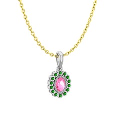 Pembe kuvars ve yeşil kuvars 14 ayar beyaz altın kolye (40 cm altın rolo zincir)