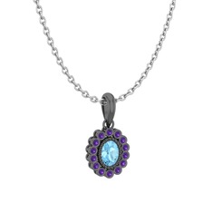 Rayiha Kolye - Akuamarin ve ametist 925 ayar siyah rodyum kaplama gümüş kolye (40 cm beyaz altın rolo zincir) #h7e6sn