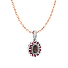 Dumanlı kuvars ve kök yakut 14 ayar beyaz altın kolye (40 cm rose altın rolo zincir)