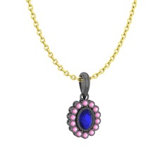 Lab safir ve pembe kuvars 925 ayar siyah rodyum kaplama gümüş kolye (40 cm altın rolo zincir)