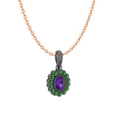 Rayiha Kolye - Ametist ve yeşil kuvars 925 ayar siyah rodyum kaplama gümüş kolye (40 cm rose altın rolo zincir) #ly6450