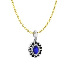 Lab safir ve siyah zirkon 14 ayar beyaz altın kolye (40 cm altın rolo zincir)