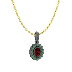Rayiha Kolye - Garnet ve kök zümrüt 925 ayar siyah rodyum kaplama gümüş kolye (40 cm altın rolo zincir) #m8dl26