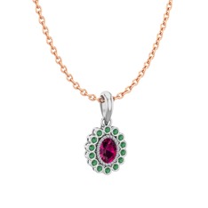 Rodolit garnet ve kök zümrüt 8 ayar beyaz altın kolye (40 cm rose altın rolo zincir)