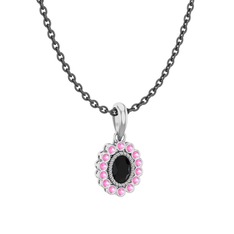 Siyah zirkon ve pembe kuvars 8 ayar beyaz altın kolye (40 cm gümüş rolo zincir)