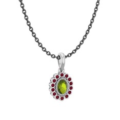 Peridot ve kök yakut 8 ayar beyaz altın kolye (40 cm gümüş rolo zincir)