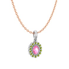 Pembe kuvars ve peridot 14 ayar beyaz altın kolye (40 cm rose altın rolo zincir)