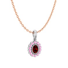 Garnet ve pembe kuvars 14 ayar beyaz altın kolye (40 cm rose altın rolo zincir)