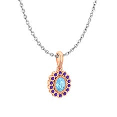 Akuamarin ve ametist 925 ayar rose altın kaplama gümüş kolye (40 cm beyaz altın rolo zincir)