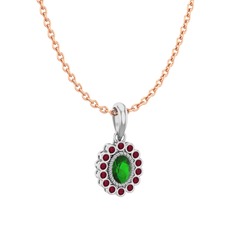 Yeşil kuvars ve kök yakut 18 ayar beyaz altın kolye (40 cm rose altın rolo zincir)