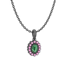 Rayiha Kolye - Kök zümrüt ve pembe kuvars 925 ayar siyah rodyum kaplama gümüş kolye (40 cm gümüş rolo zincir) #q9seu2