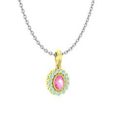 Pembe kuvars ve akuamarin 925 ayar altın kaplama gümüş kolye (40 cm beyaz altın rolo zincir)