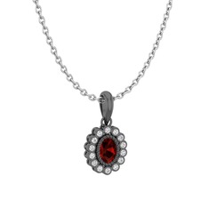 Rayiha Kolye - Garnet ve pırlanta 925 ayar siyah rodyum kaplama gümüş kolye (0.154 karat, 40 cm gümüş rolo zincir) #qyegjf