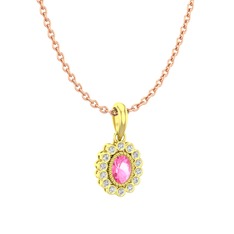 Pembe kuvars ve beyaz zirkon 18 ayar altın kolye (40 cm rose altın rolo zincir)
