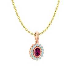 Rodolit garnet ve akuamarin 18 ayar rose altın kolye (40 cm gümüş rolo zincir)