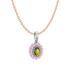 Peridot ve pembe kuvars 14 ayar beyaz altın kolye (40 cm rose altın rolo zincir)