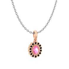 Pembe kuvars ve siyah zirkon 18 ayar rose altın kolye (40 cm gümüş rolo zincir)
