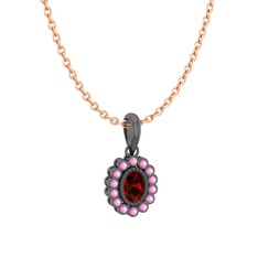 Rayiha Kolye - Garnet ve pembe kuvars 925 ayar siyah rodyum kaplama gümüş kolye (40 cm rose altın rolo zincir) #y78len