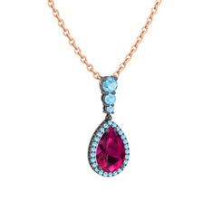 Nil Damlası Kolye - Rodolit garnet ve akuamarin 925 ayar siyah rodyum kaplama gümüş kolye (40 cm rose altın rolo zincir) #12b2tg3