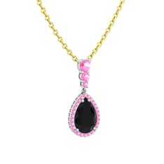 Nil Damlası Kolye - Siyah zirkon ve pembe kuvars 8 ayar beyaz altın kolye (40 cm altın rolo zincir) #12uv883