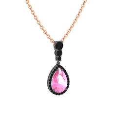 Pembe kuvars ve siyah zirkon 925 ayar siyah rodyum kaplama gümüş kolye (40 cm gümüş rolo zincir)