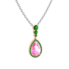 Pembe kuvars ve yeşil kuvars 14 ayar rose altın kolye (40 cm gümüş rolo zincir)
