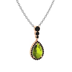 Nil Damlası Kolye - Peridot ve siyah zirkon 14 ayar rose altın kolye (40 cm beyaz altın rolo zincir) #141xru2