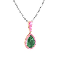 Kök zümrüt ve pembe kuvars 18 ayar rose altın kolye (40 cm gümüş rolo zincir)