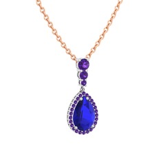 Lab safir ve ametist 18 ayar beyaz altın kolye (40 cm rose altın rolo zincir)