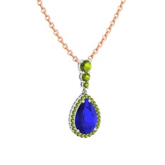 Nil Damlası Kolye - Lab safir ve peridot 18 ayar beyaz altın kolye (40 cm rose altın rolo zincir) #16k2sih