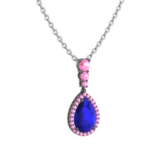 Lab safir ve pembe kuvars 925 ayar siyah rodyum kaplama gümüş kolye (40 cm gümüş rolo zincir)