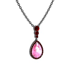 Nil Damlası Kolye - Pembe kuvars ve garnet 925 ayar siyah rodyum kaplama gümüş kolye (40 cm gümüş rolo zincir) #16ndvam