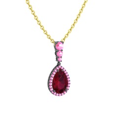 Nil Damlası Kolye - Kök yakut ve pembe kuvars 925 ayar siyah rodyum kaplama gümüş kolye (40 cm altın rolo zincir) #17lbs2u