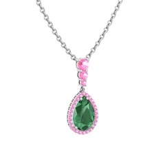 Kök zümrüt ve pembe kuvars 14 ayar beyaz altın kolye (40 cm beyaz altın rolo zincir)