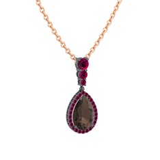 Nil Damlası Kolye - Dumanlı kuvars ve rodolit garnet 925 ayar siyah rodyum kaplama gümüş kolye (40 cm rose altın rolo zincir) #18hhome