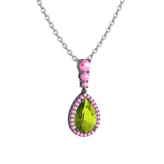Nil Damlası Kolye - Peridot ve pembe kuvars 925 ayar siyah rodyum kaplama gümüş kolye (40 cm gümüş rolo zincir) #18i48q