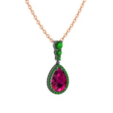 Rodolit garnet ve yeşil kuvars 925 ayar siyah rodyum kaplama gümüş kolye (40 cm gümüş rolo zincir)