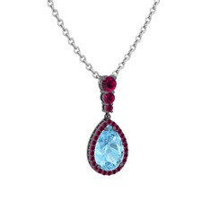 Nil Damlası Kolye - Akuamarin ve rodolit garnet 925 ayar siyah rodyum kaplama gümüş kolye (40 cm beyaz altın rolo zincir) #18yxqm9