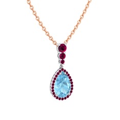Nil Damlası Kolye - Akuamarin ve rodolit garnet 14 ayar beyaz altın kolye (40 cm rose altın rolo zincir) #1992m4n