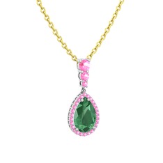 Kök zümrüt ve pembe kuvars 18 ayar beyaz altın kolye (40 cm gümüş rolo zincir)