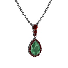 Nil Damlası Kolye - Kök zümrüt ve garnet 925 ayar siyah rodyum kaplama gümüş kolye (40 cm gümüş rolo zincir) #1acyyk
