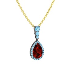 Nil Damlası Kolye - Garnet ve akuamarin 925 ayar siyah rodyum kaplama gümüş kolye (40 cm altın rolo zincir) #1ay3ydy